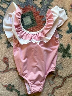 Little English Pink One-Piece Swimsuit with White Ruffle Trim